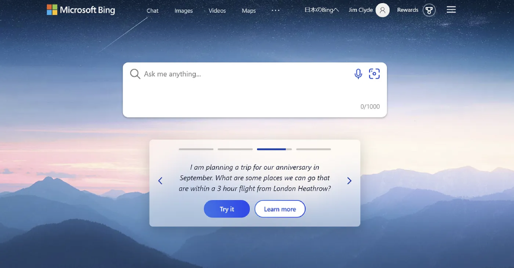 Снимок экрана Microsoft Bing с ChatGPT