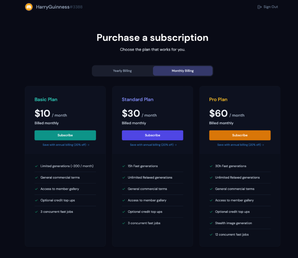 платный тарифный план Midjourney
