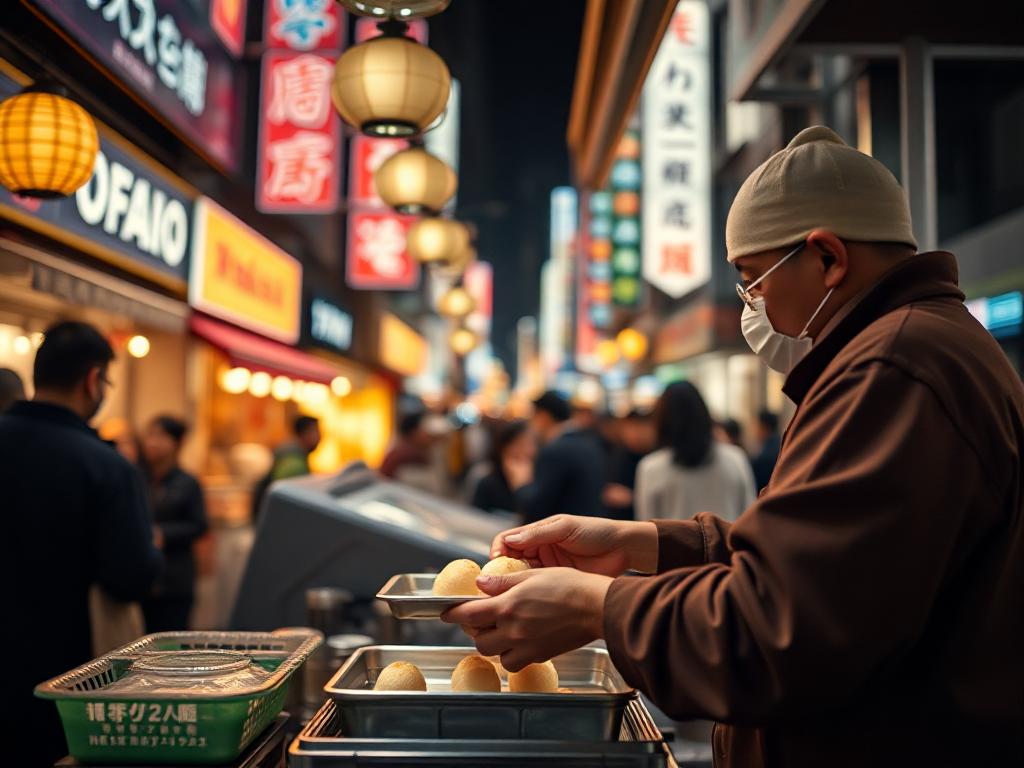 Capture a street food vendor in Tokyo at night