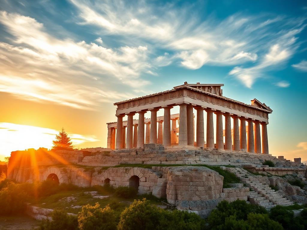 Create a breathtaking scene of the Acropolis of Athens at sunset