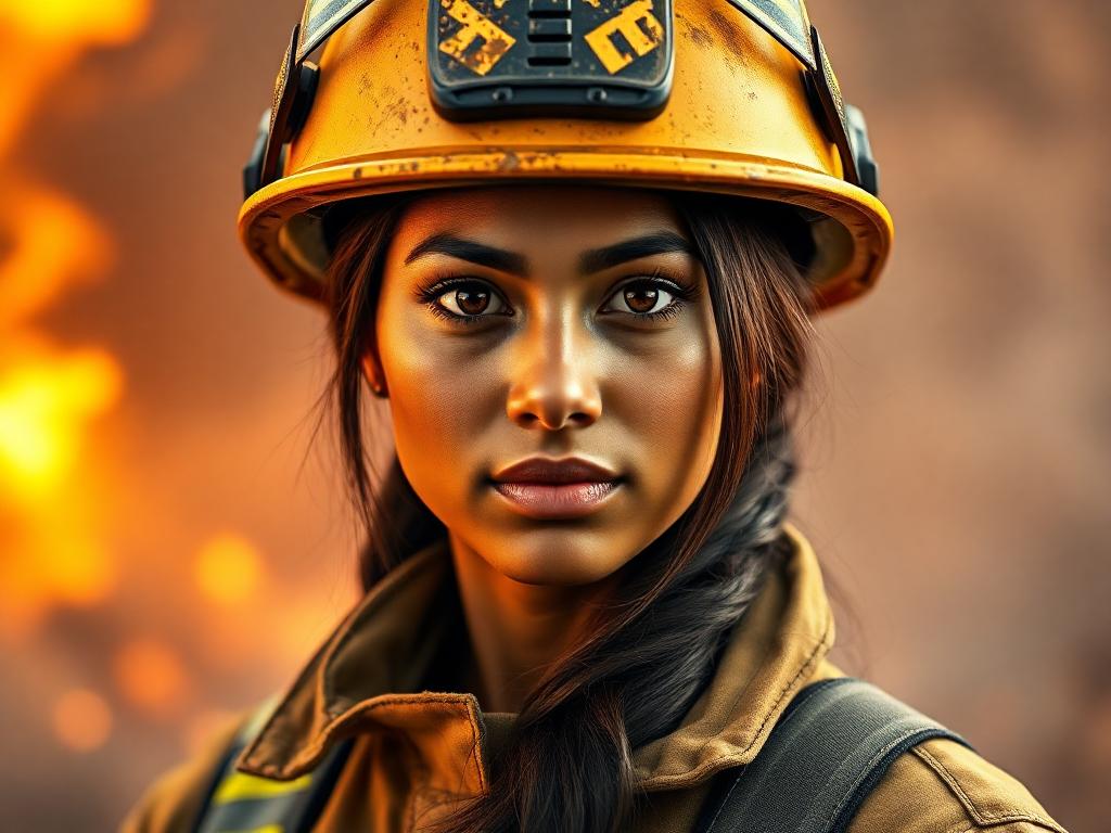 Create a striking portrait of a South Asian female firefighter