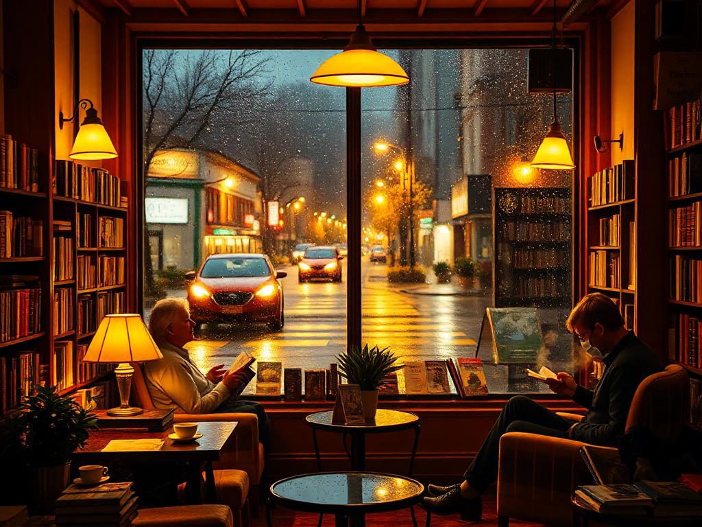 Depict a cozy, warmly lit bookstore cafe on a rainy evening