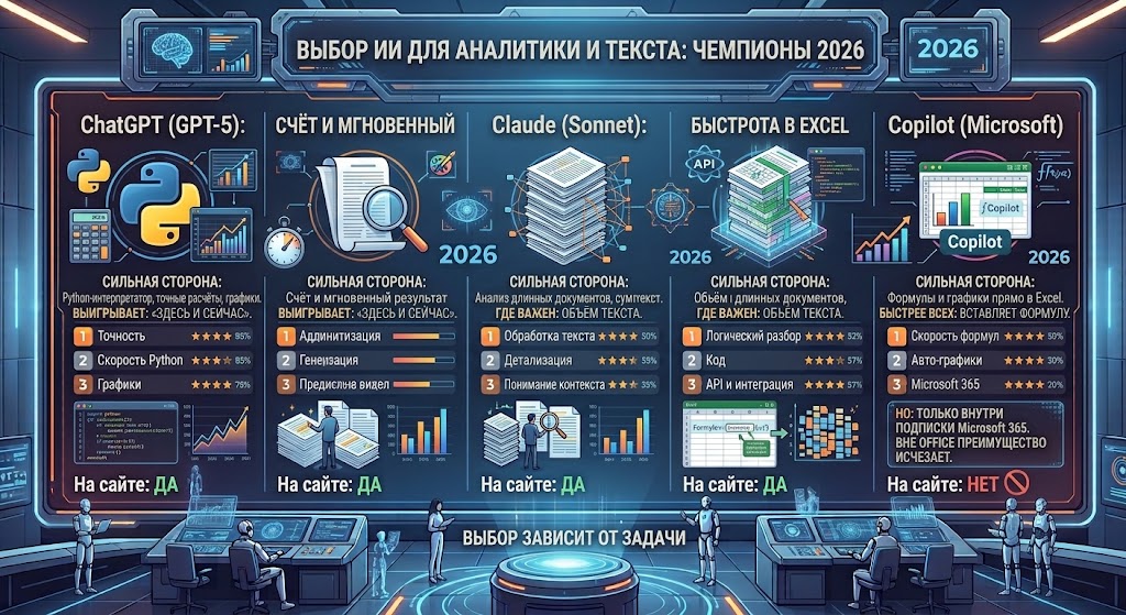 Нейросеть для аналитики и Excel: лучшие модели 2026 3 Что показал тест - ChatGPT, Claude, Copilot, Microsoft 365