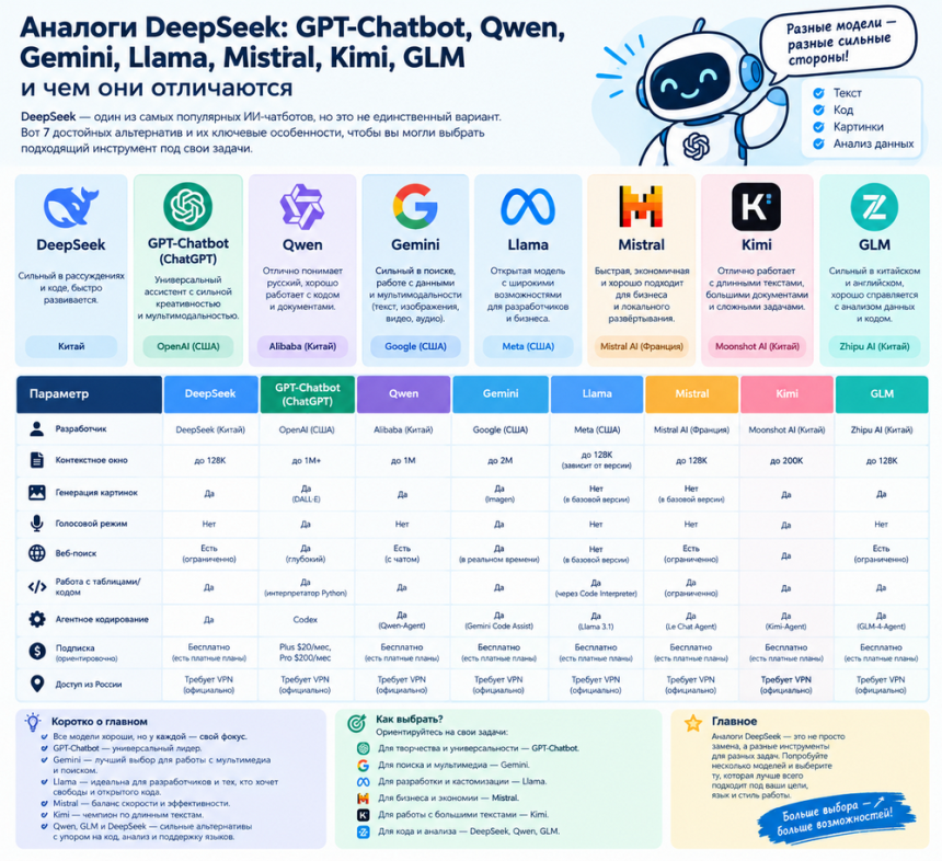 Аналоги DeepSeek - GPT-Chatbot , Qwen, Gemini, Llama, Mistral, Kimi, GLM, GPT-oss и чем они отличаются
