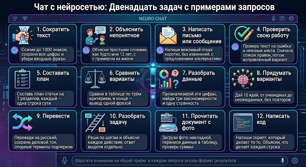 Чат с нейросетью - Двенадцать задач с примерами запросов