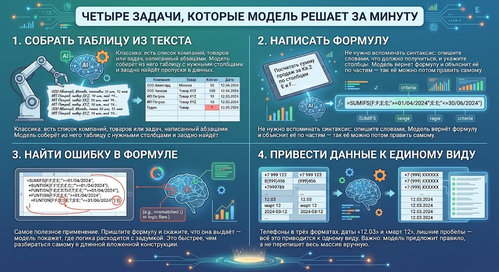 Нейросеть для таблиц: собрать таблицу, написать формулу, найти ошибку 2 Четыре задачи, которые модель решает за минуту