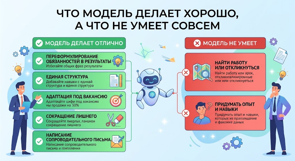 Что модель делает хорошо, а что не умеет совсем