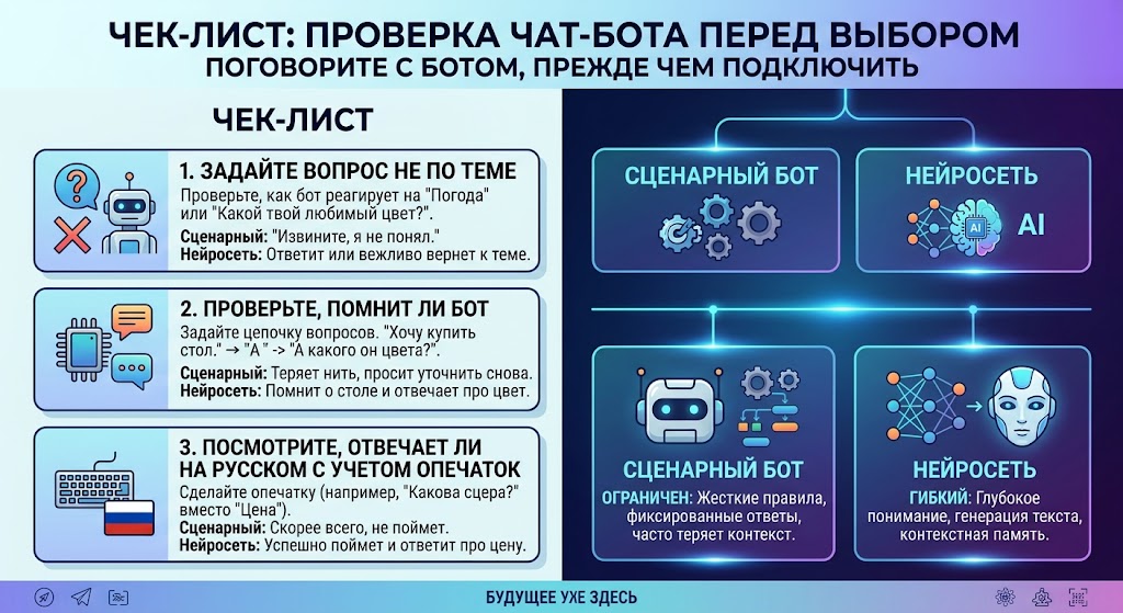 Чат-бот с нейросетью: чем отличается от обычного бота 3 Что стоит проверить перед выбором сервиса
