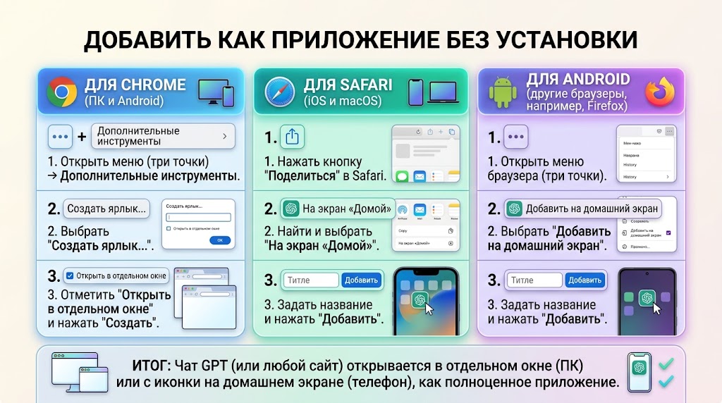 Добавить как приложение без установки