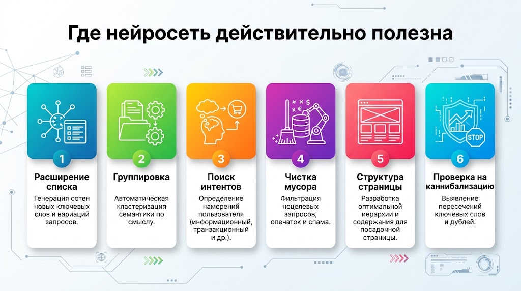 Подбор ключевых слов с нейросетью: что она умеет и чего нет 2 Где нейросеть действительно полезна