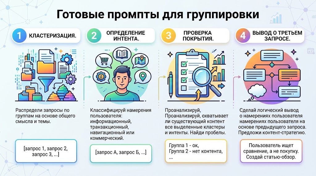 Подбор ключевых слов с нейросетью: что она умеет и чего нет 4 Готовые промпты для группировки