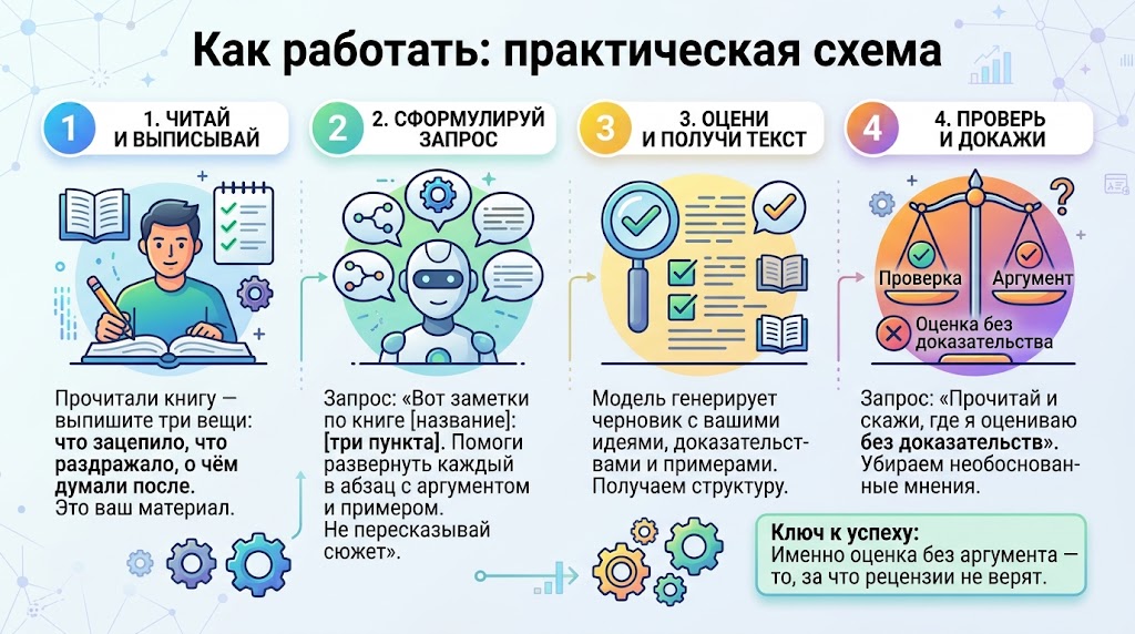 Нейросеть для рецензии на книгу: как написать разбор 3 Как работать - практическая схема