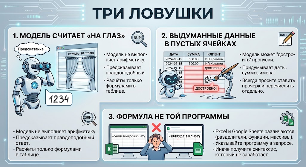 Нейросеть для таблиц: собрать таблицу, написать формулу, найти ошибку 3 Любые расчёты — формулами в таблице, а не в чате