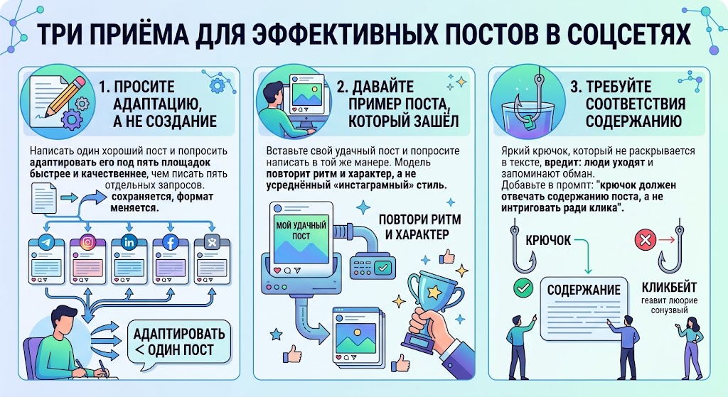 Промпты для соцсетей: 10 запросов под разные площадки 2 Написать один хороший пост и попросить адаптировать его под пять площадок
