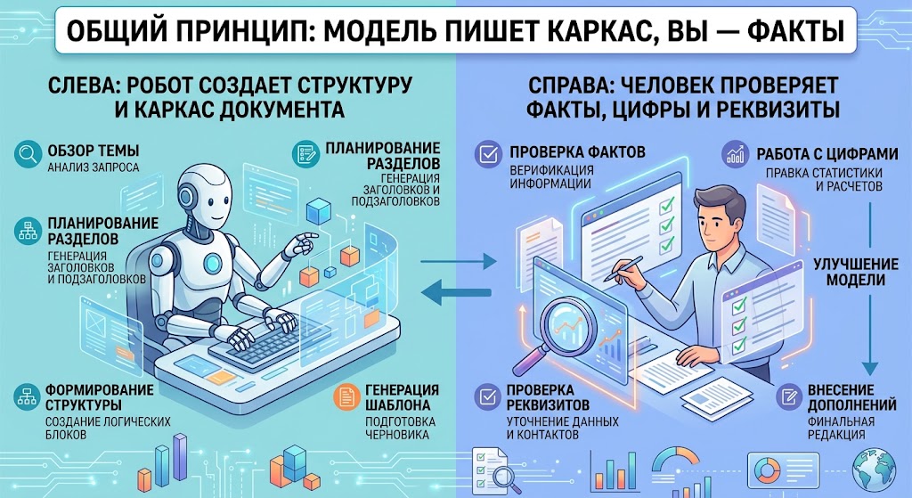 Общий принцип - модель пишет каркас, вы — факты
