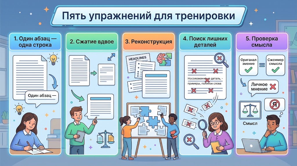 Нейросеть для изложения: как пересказать текст своими словами 5 Пять упражнений для тренировки