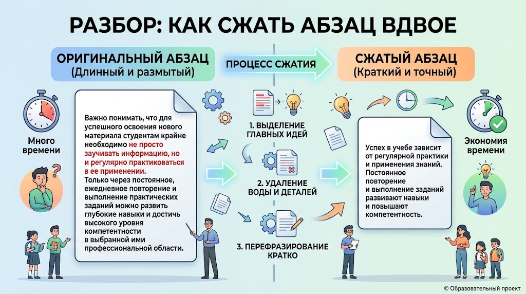 Нейросеть для изложения: как пересказать текст своими словами 4 Разбор - как сжать абзац вдвое