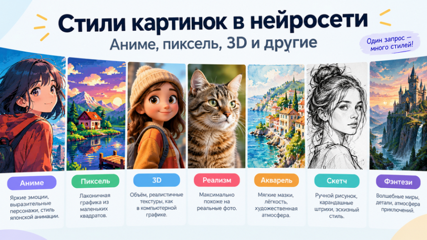 Стили картинок в нейросети - аниме, пиксель, 3D и другие