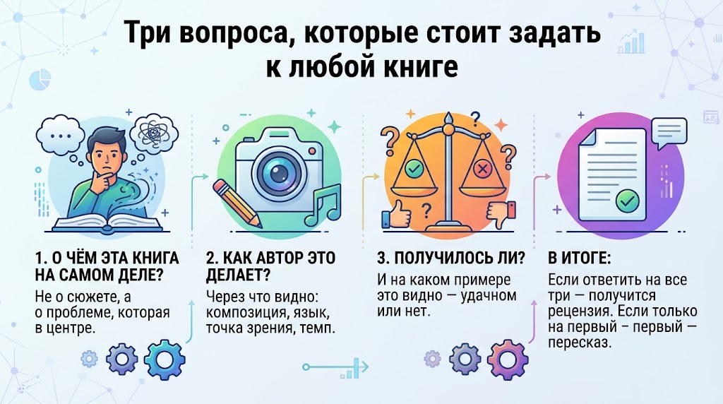 Нейросеть для рецензии на книгу: как написать разбор 4 Три вопроса, которые стоит задать к любой книге